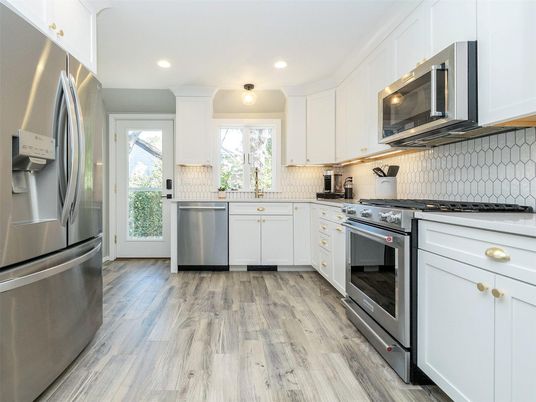 Interior, Kitchen, Recessed Lighting, Stainless Steel Appliances, Wood Texture Flooring