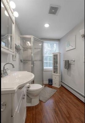 Bathroom, Glass Shower, Interior, Recessed Lighting, Wood Texture Flooring