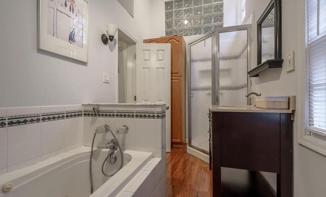 Bathroom, Glass Shower, Interior, Wood Texture Flooring