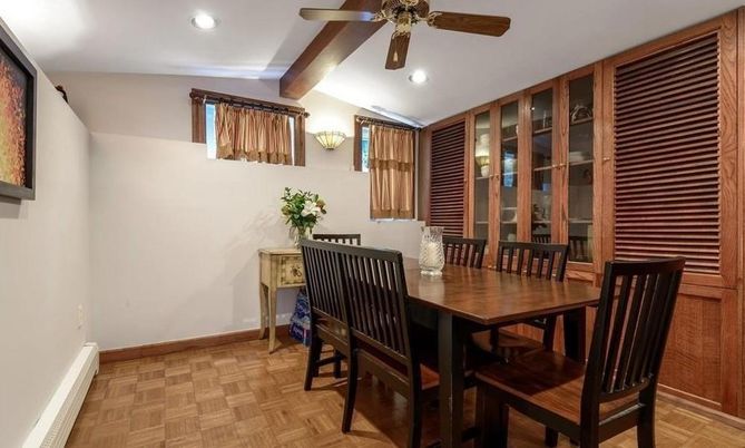 Dining room, Interior, Recessed Lighting, Wood Texture Flooring