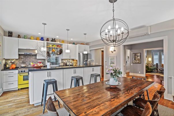 Dining room, Interior, Kitchen, Pendant Lights, Recessed Lighting, Stainless Steel Appliances, Wood Texture Flooring