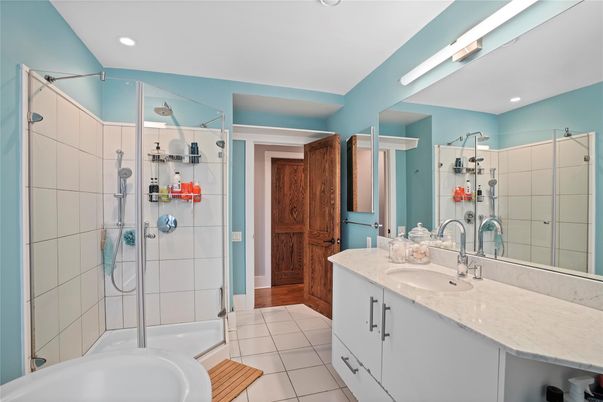 Bathroom, Dual Sink Vanities, Glass Shower, Interior, Recessed Lighting