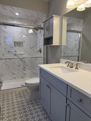 Bathroom, Glass Shower, Interior, Marble Walls, Recessed Lighting