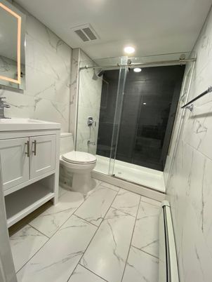 Bathroom, Glass Shower, Interior, Marble, Marble Walls, Recessed Lighting