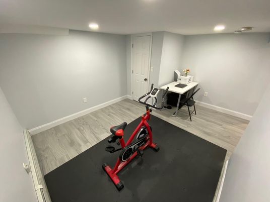 Fitness Equipment, Home Office, Interior, Recessed Lighting, Wood Texture Flooring