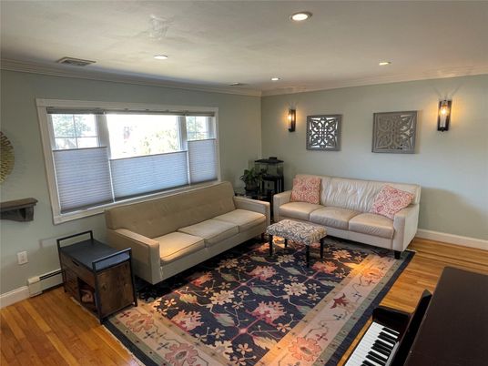 Interior, Living room, Piano, Recessed Lighting, Wood Texture Flooring