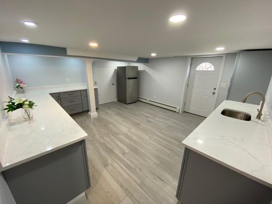 Interior, Kitchen, Recessed Lighting, Wood Texture Flooring