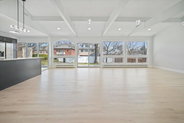 Empty room, Interior, Pendant Lights, Recessed Lighting, Wood Texture Flooring