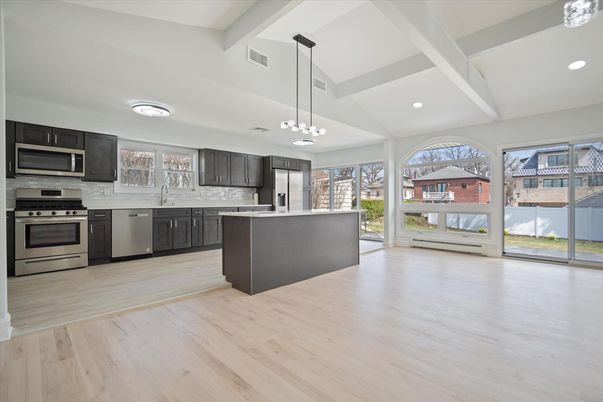 Interior, Kitchen, Pendant Lights, Recessed Lighting, Stainless Steel Appliances, Wood Texture Flooring