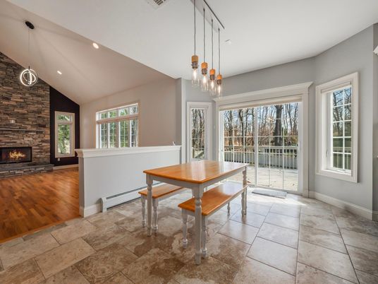 Dining room, Fireplace, Interior, Pendant Lights, Recessed Lighting, Stone Walls, Wood Texture Flooring