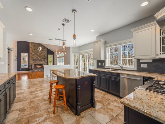 Fireplace, Interior, Kitchen, Pendant Lights, Recessed Lighting, Stainless Steel Appliances, Stone Walls