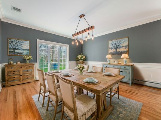 Dining room, Interior, Pendant Lights, Wood Texture Flooring