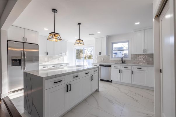 Interior, Kitchen, Marble, Pendant Lights, Recessed Lighting, Stainless Steel Appliances