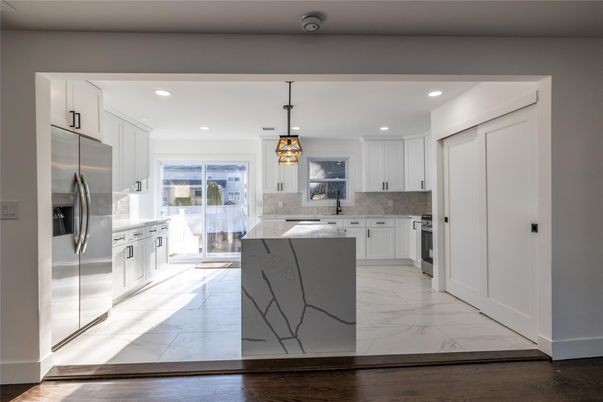 Interior, Kitchen, Marble, Pendant Lights, Recessed Lighting, Stainless Steel Appliances