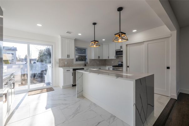 Interior, Kitchen, Marble, Pendant Lights, Recessed Lighting, Stainless Steel Appliances