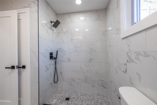 Bathroom, Glass Shower, Interior, Marble Walls, Recessed Lighting