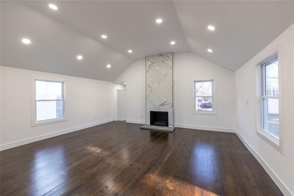 Empty room, Fireplace, Interior, Recessed Lighting, Wood Texture Flooring
