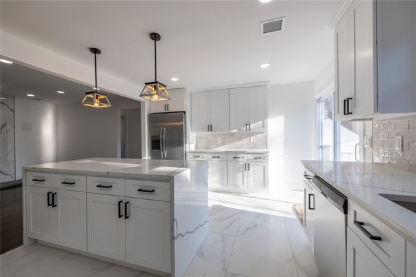Interior, Kitchen, Marble, Pendant Lights, Recessed Lighting, Stainless Steel Appliances