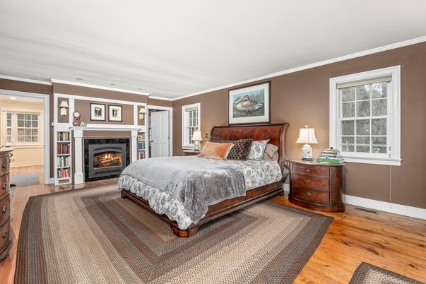 Bedroom, Fireplace, Interior, Wood Texture Flooring