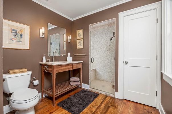 Bathroom, Glass Shower, Interior, Wood Texture Flooring