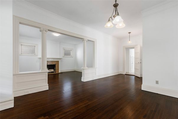 Empty room, Fireplace, Interior, Pendant Lights, Wood Texture Flooring