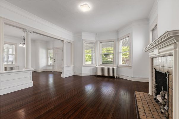 Empty room, Fireplace, Interior, Pendant Lights, Wood Texture Flooring