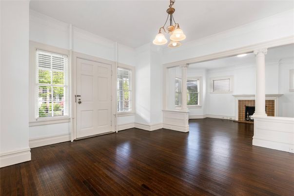 Empty room, Fireplace, Interior, Pendant Lights, Wood Texture Flooring