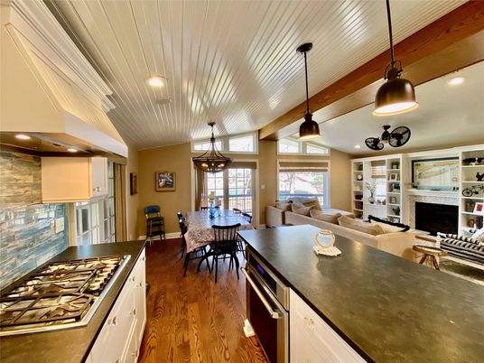 Dining room, Fireplace, Interior, Kitchen, Living room, Pendant Lights, Recessed Lighting, Wood Texture Flooring