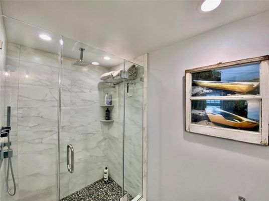 Bathroom, Glass Shower, Interior, Marble Walls, Recessed Lighting