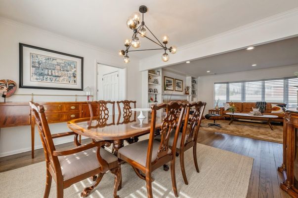 Dining room, Interior, Living room, Pendant Lights, Recessed Lighting, Wood Texture Flooring