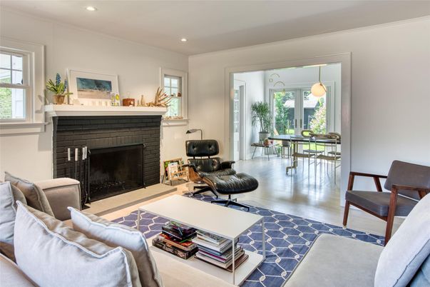 Dining room, Fireplace, Interior, Living room, Pendant Lights, Recessed Lighting, Wood Texture Flooring