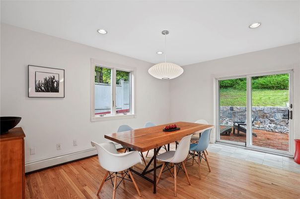 Dining room, Interior, Pendant Lights, Recessed Lighting, Wood Texture Flooring