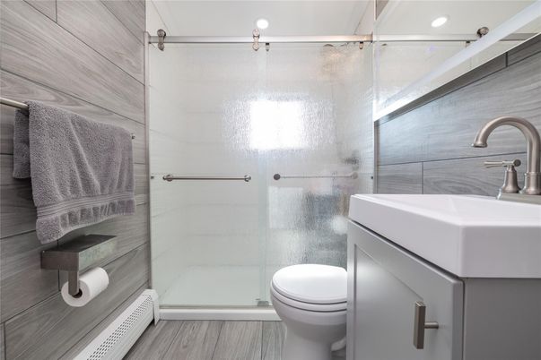Bathroom, Glass Shower, Interior, Wood Texture Flooring