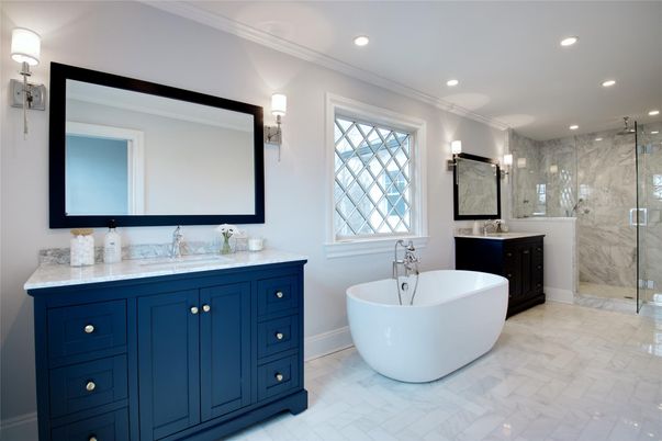 Bathroom, Dual Sink Vanities, Free Standing Baths, Glass Shower, Interior, Marble, Marble Walls, Recessed Lighting