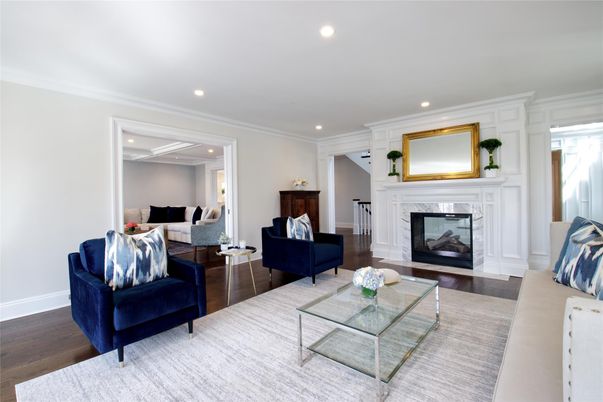 Bedroom, Fireplace, Interior, Living room, Recessed Lighting, Wood Texture Flooring