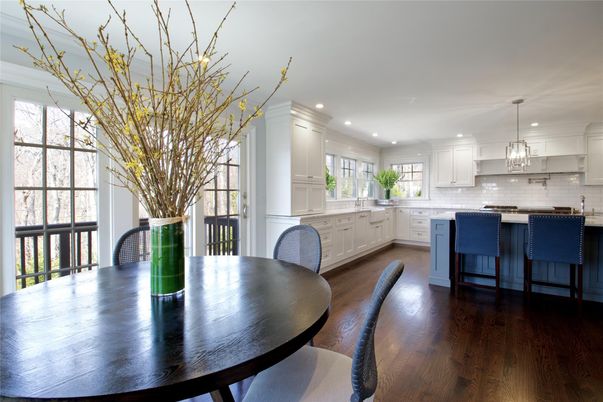 Dining room, Interior, Kitchen, Pendant Lights, Recessed Lighting, Wood Texture Flooring