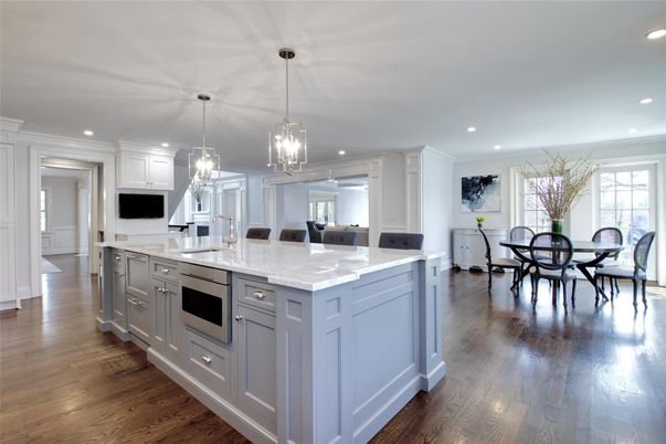 Dining room, Interior, Kitchen, Pendant Lights, Recessed Lighting, Wood Texture Flooring