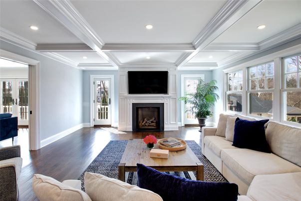 Fireplace, Interior, Living room, Recessed Lighting, Wood Texture Flooring