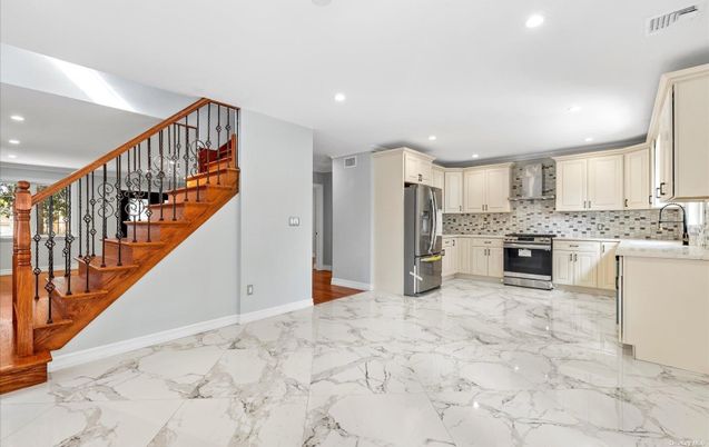 Interior, Kitchen, Marble, Recessed Lighting, Stainless Steel Appliances