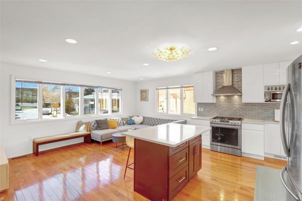Chandelier, Interior, Kitchen, Living room, Recessed Lighting, Stainless Steel Appliances, Wood Texture Flooring