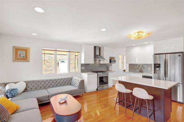Interior, Kitchen, Living room, Recessed Lighting, Stainless Steel Appliances, Wood Texture Flooring