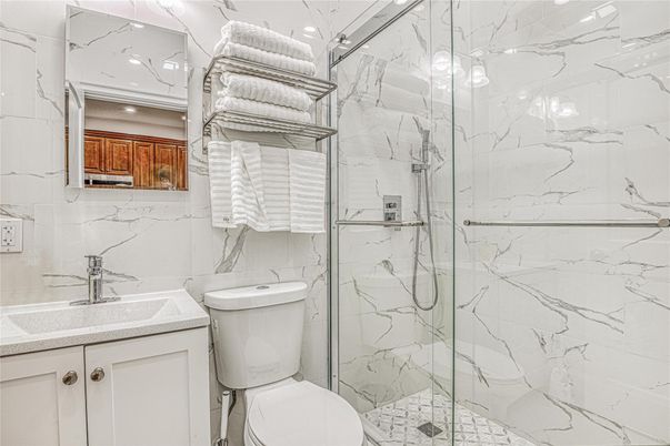 Bathroom, Glass Shower, Interior, Marble Walls, Recessed Lighting