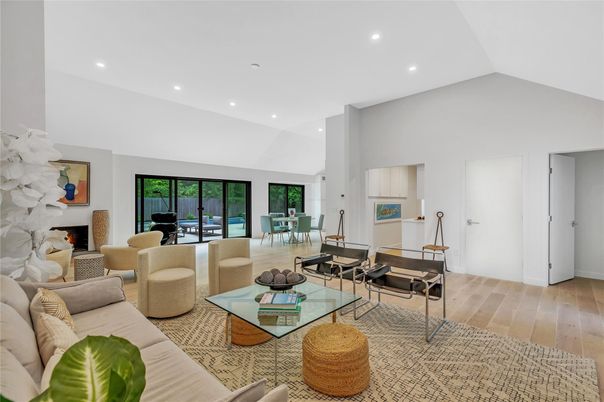 Dining room, Fireplace, Interior, Living room, Recessed Lighting, Wood Texture Flooring
