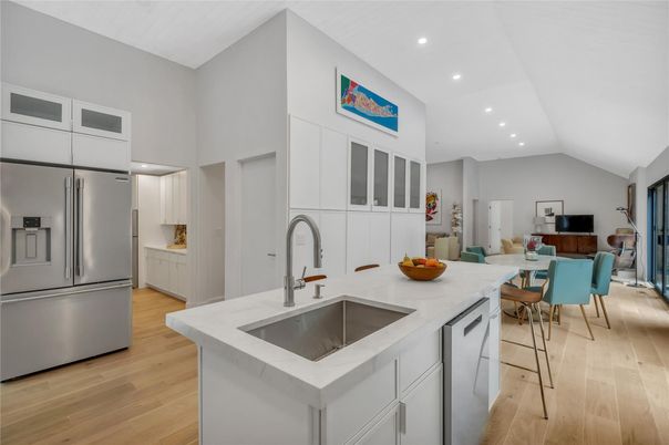Dining room, Interior, Kitchen, Recessed Lighting, Stainless Steel Appliances, Wood Texture Flooring