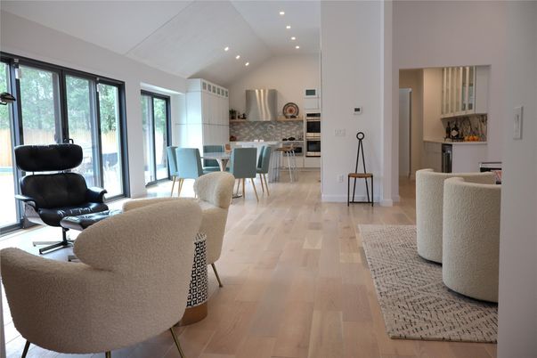 Dining room, Interior, Kitchen, Living room, Recessed Lighting, Wood Texture Flooring