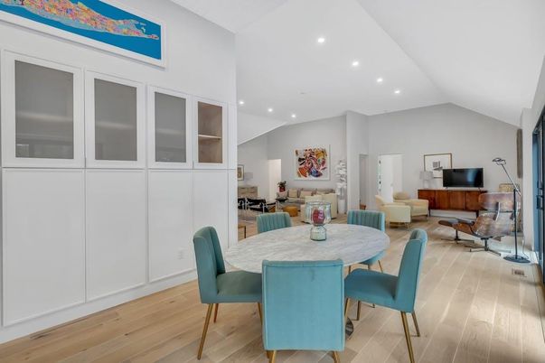 Dining room, Interior, Living room, Recessed Lighting, Wood Texture Flooring