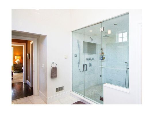 Bathroom, Glass Shower, Interior, Recessed Lighting, Wood Texture Flooring