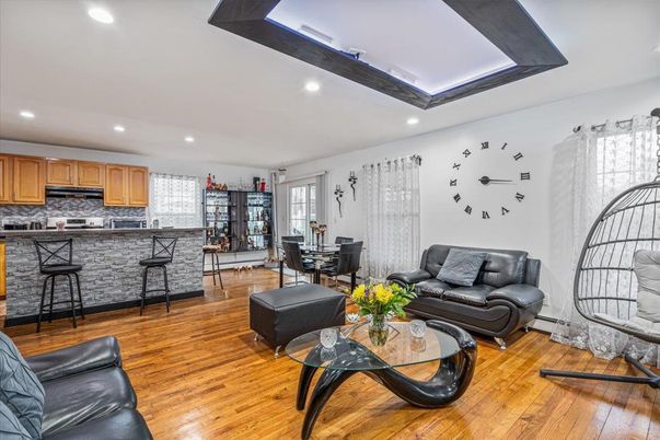 Dining room, Interior, Kitchen, Living room, Recessed Lighting, Wood Texture Flooring