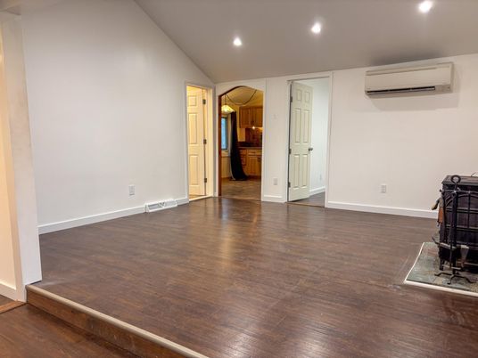 Empty room, Interior, Kitchen, Recessed Lighting, Wood Texture Flooring