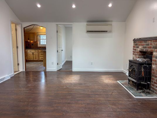 Fireplace, Interior, Kitchen, Recessed Lighting, Stone Walls, Wood Texture Flooring